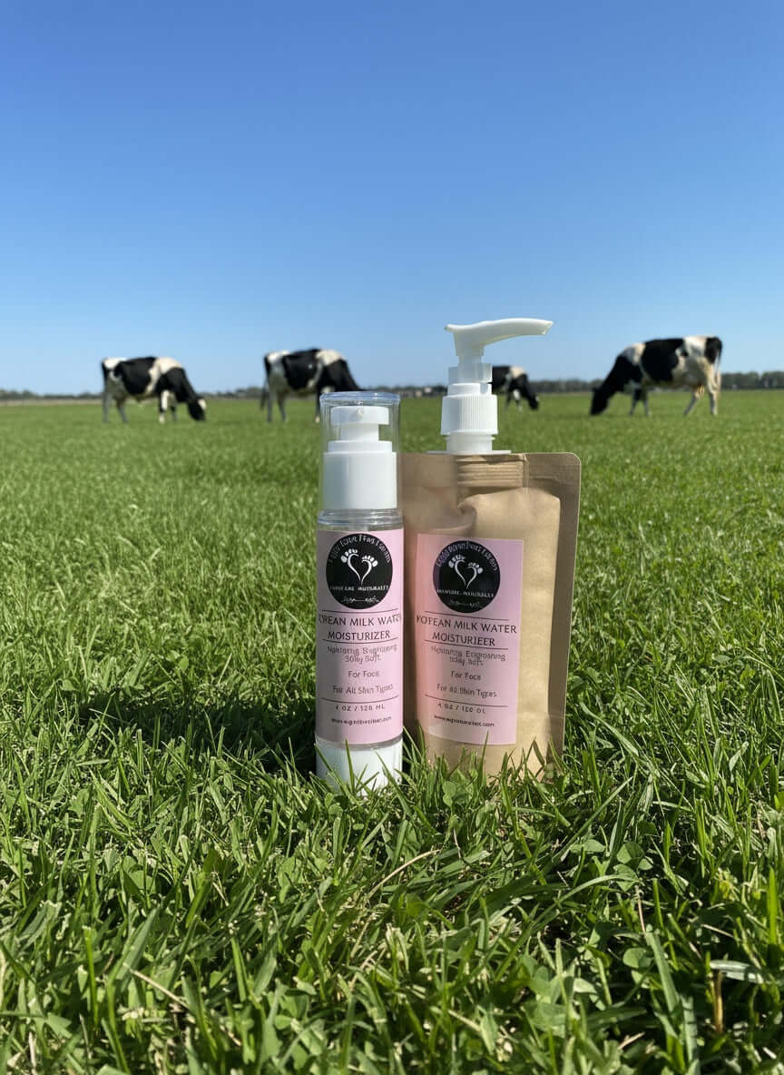 Korean Facial Care Kit featuring cleanser and moisturizer on grass with cows in the background.