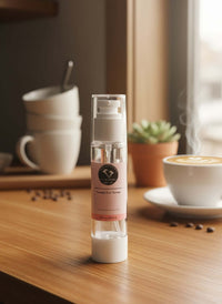 ✨ Peptide Anti-Aging Facial Care Kit - Peptide Eye Serum on a wooden table with coffee and plant in the background.