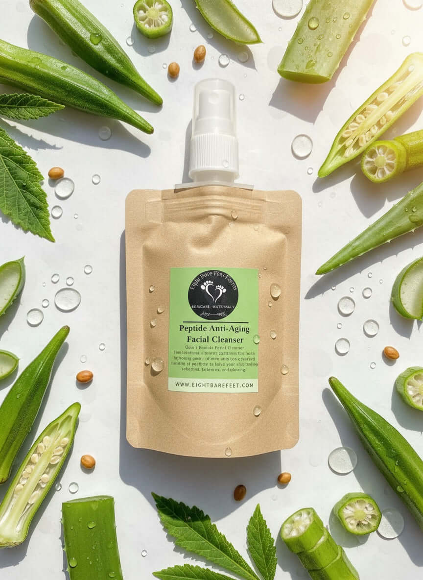 Peptide Facial Care Refill Kit displayed among fresh aloe and herbs for natural skincare rejuvenation.