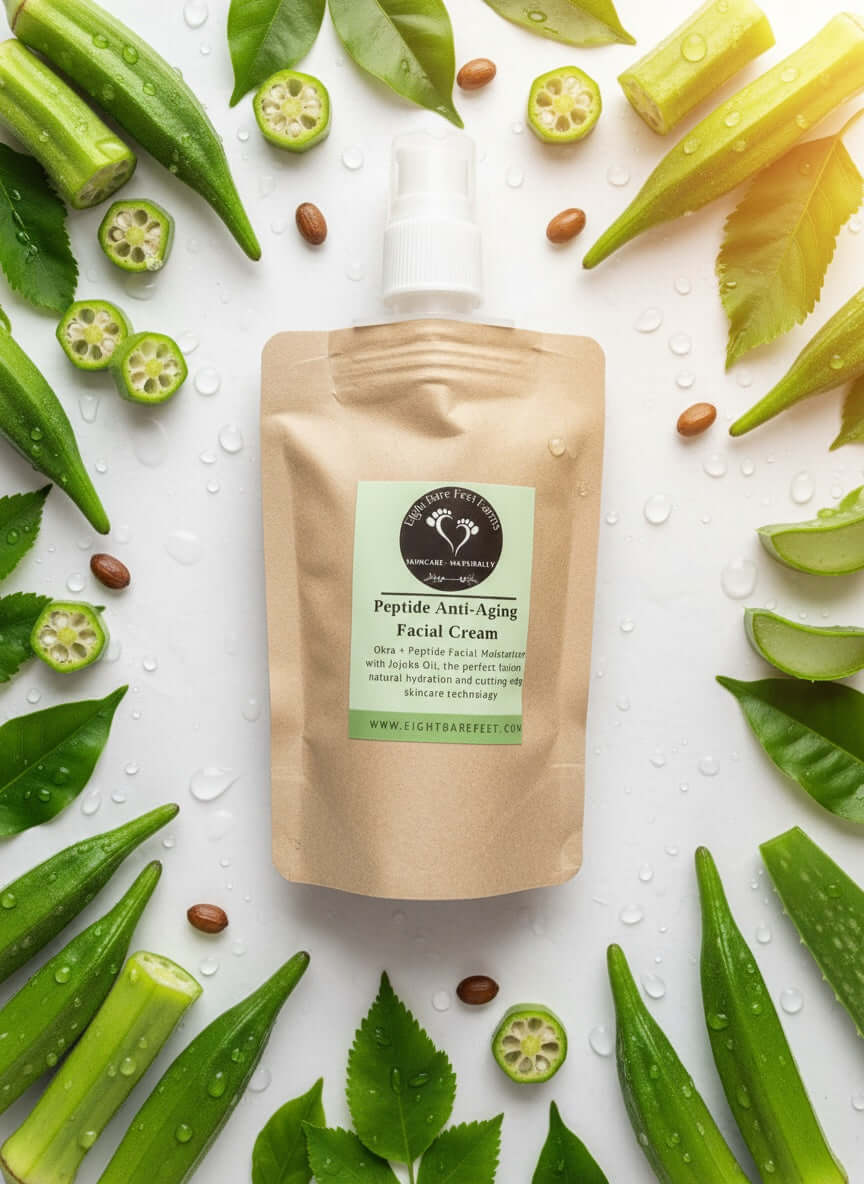 Peptide Facial Care Refill Kit in eco-friendly pouch surrounded by fresh green leaves and natural ingredients.