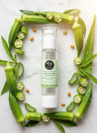 ✨ Peptide Anti-Aging Facial Care Kit surrounded by fresh okra and botanical ingredients for skin rejuvenation.