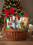 Korean Facial Care Refill Kit in a festive basket with holiday decorations and eco-friendly pouches.