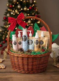 Korean Facial Care Refill Kit in a festive basket with holiday decorations and eco-friendly pouches.