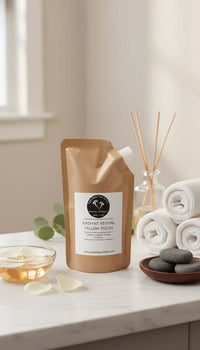 Refill: Radiant Revival Tallow Polish eco-friendly pouch on a marble countertop with spa accessories.